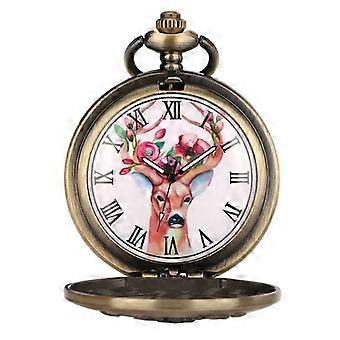 Vintage Deer Head Pocket Watch Bronze Copper Quartz Roman Numeral Pendant Gift