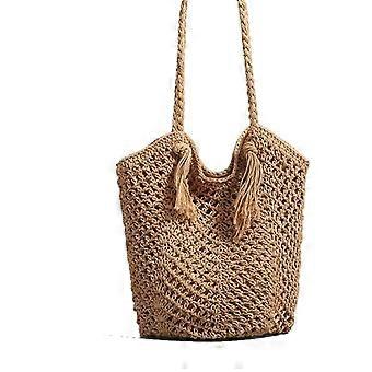 Crochet Beach Bag for Women Woven Tote with Secure Zipper and Spacious Pocket Summer Shoulder Bag WY15Brown