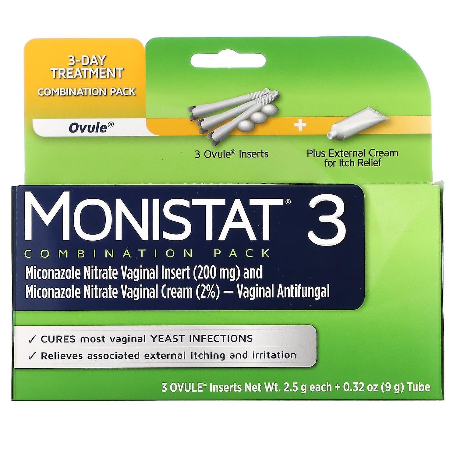 Monistat, 3 天护理组合包,3 个胚珠插入物,每个 2.5 克 + 0.32 盎司(9 克)管