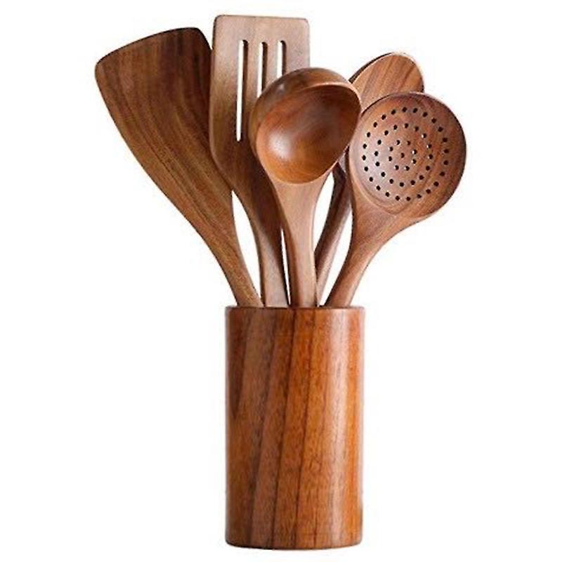 Set of 6 non-stick wooden spoons for the kitchen, in natural teak