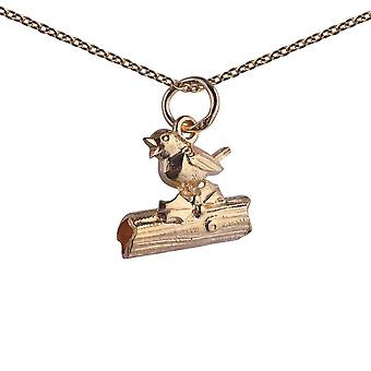 9ct Gold 14x4mm Robin on a log Pendant with a 1.1mm wide...