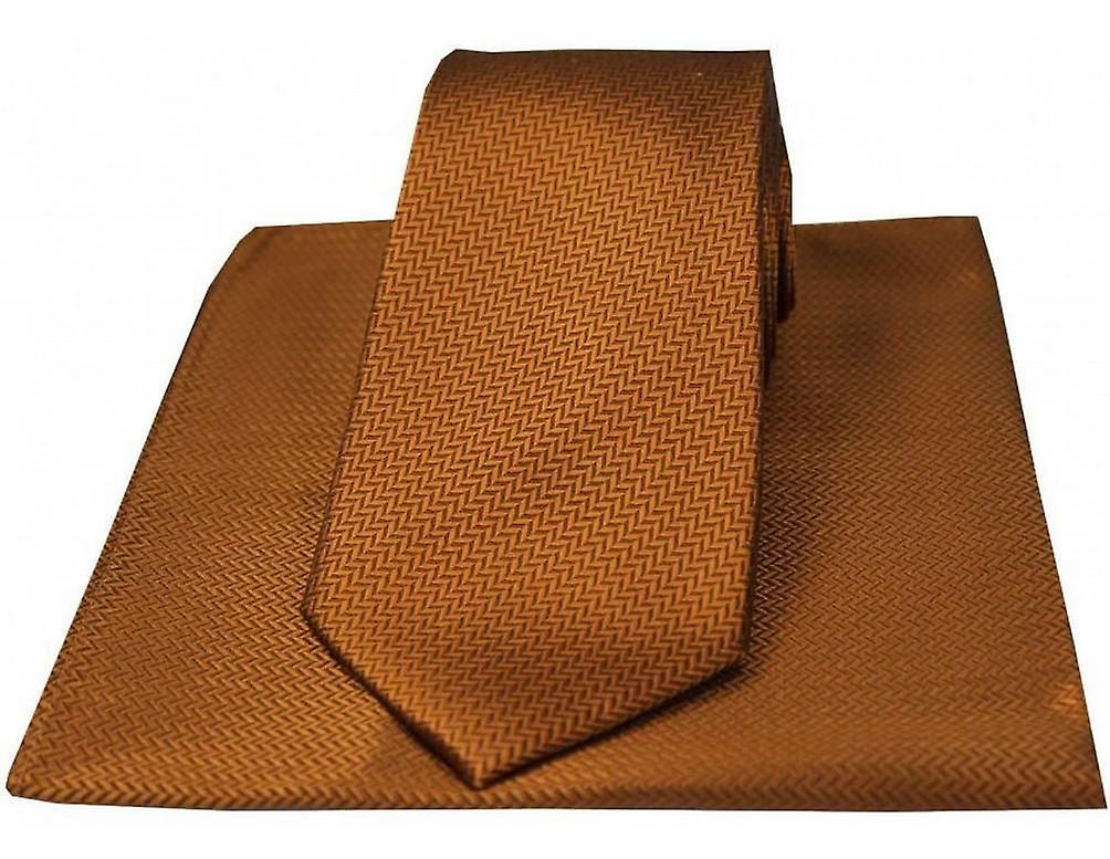 David Van Hagen Herringbone Silk Tie and Hanky Set - Copper