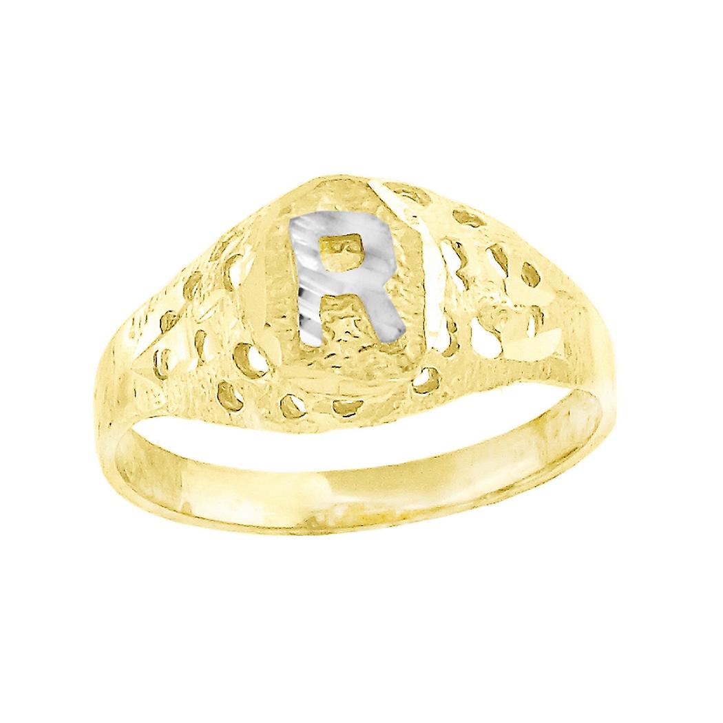 10k Two tone Gold Letter Name Personalized Monogram Initial R Band Ring 7.5x2.20mm Wide Size 5-Band Style-Ring