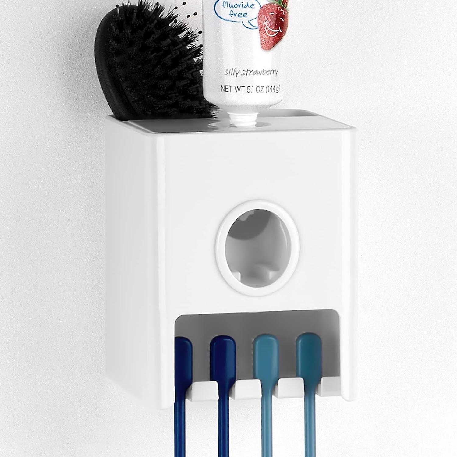 Automatic toothpaste squeezer with toothbrush holder and compartment storage, self-adhesive home toothbrush holder (white)