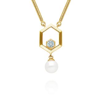 Modern Pearl & Topaz Hexagon Drop Necklace in Gold Plated...