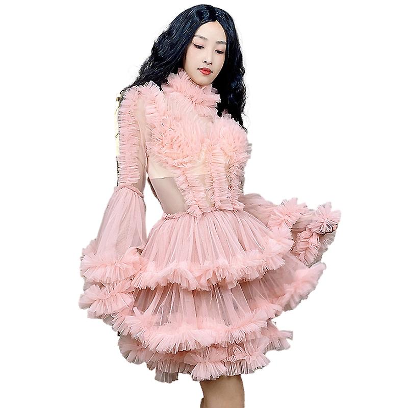 ピンクメッシュバブルスリーブプリンセスイブニングパーティードレスガールかわいいデイリーショートスカート