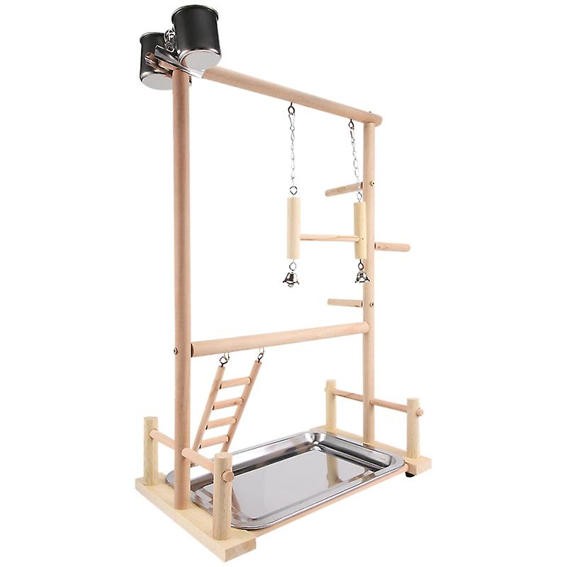 Parrots Playground,natural Wooden Parrot Perch Gym Stand Parakeet Ladders With Feeder Cups And Toys Exercise Play
