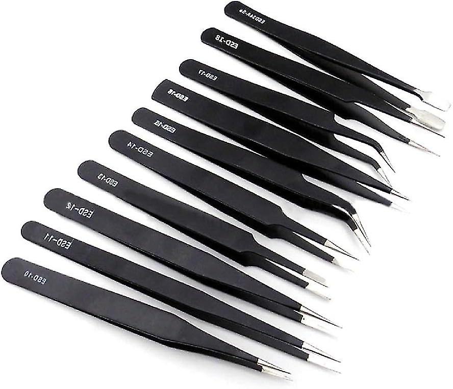 ESD Tweezers, Stainless Steel, Anti-Static, 10-Piece Set for Electronics Repair and Soldering