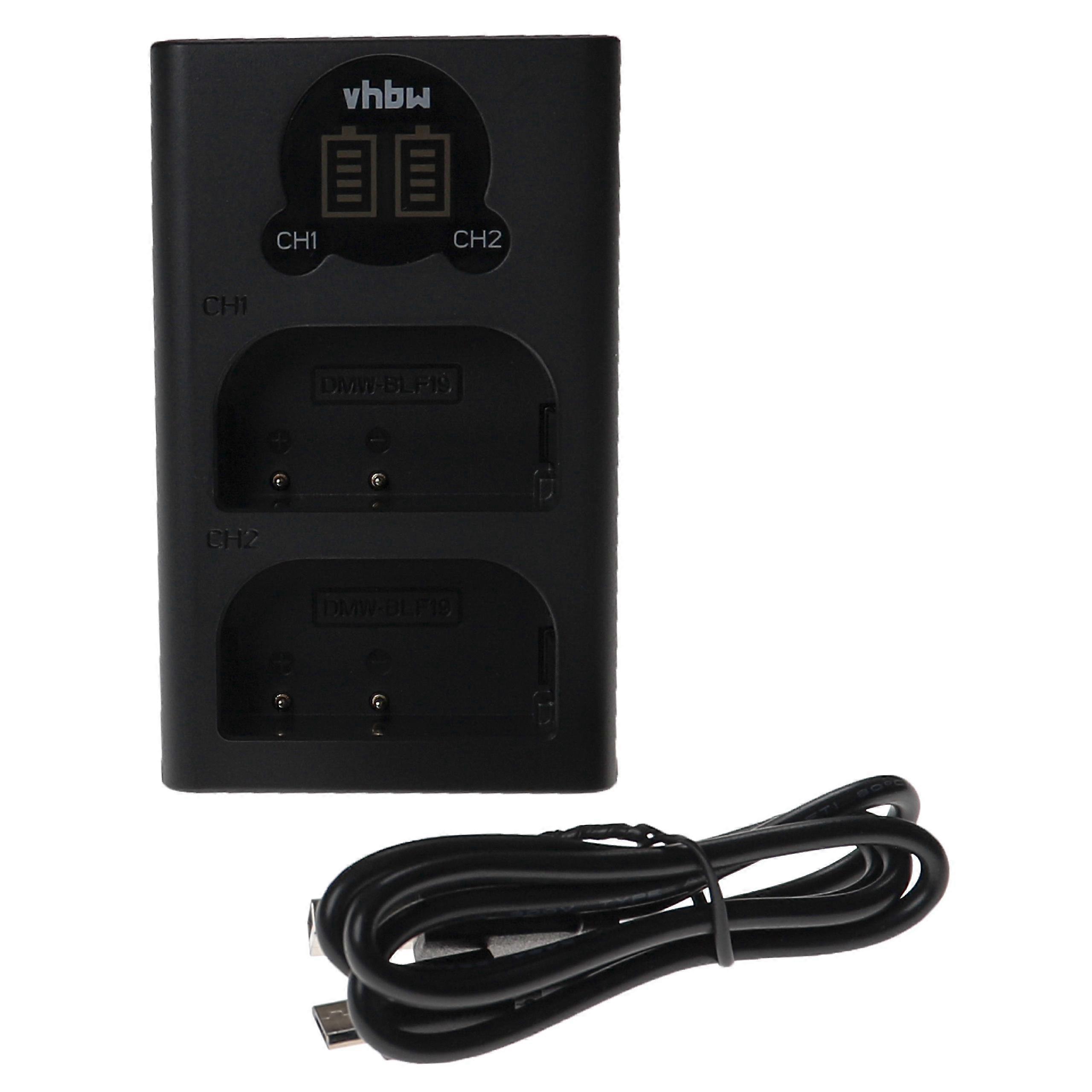 vhbw dubbele USB-oplader compatibel met Panasonic Lumix DMC-GH3, DMC-GH3A, DMC-GH3AGK camera/batterij - oplaadstation + micro-USB-kabel, oplaadindicator