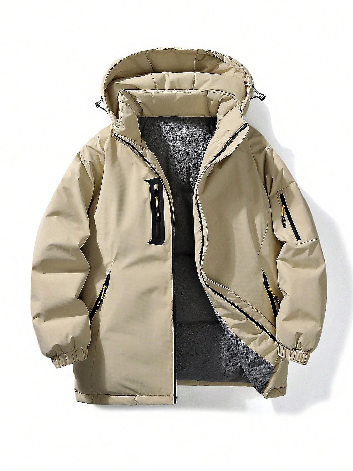 Men Letter Graphic Zip Up Drawstring Thermal Lined Hooded Winter Coat