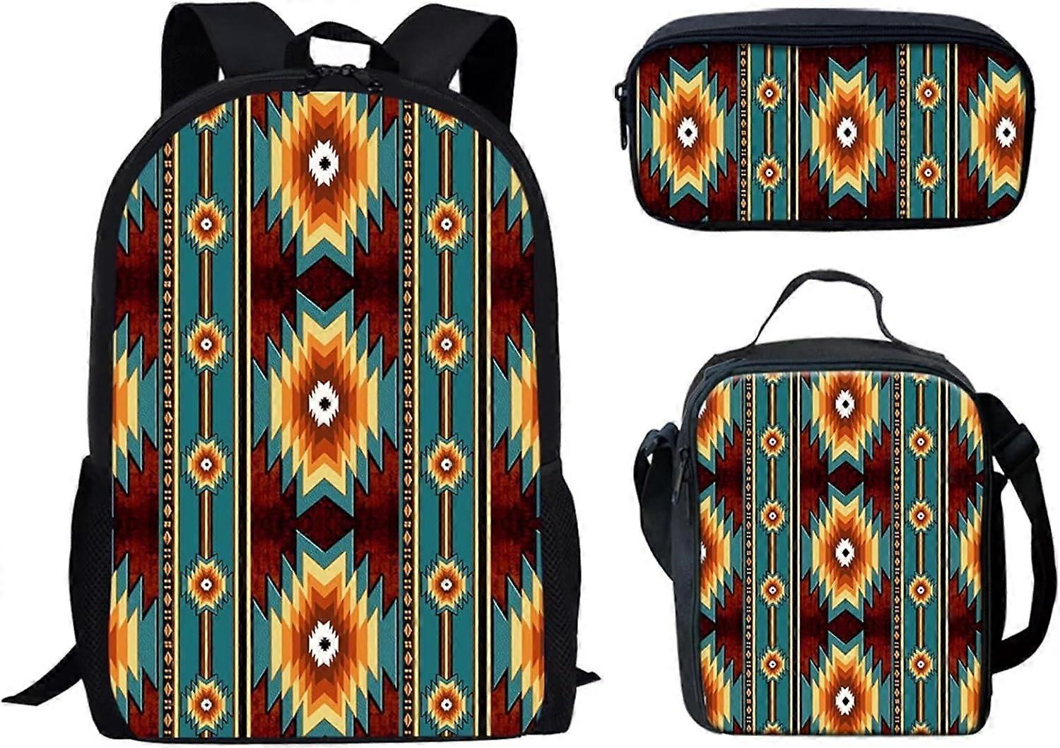 南アステカスタイルのバックパック、ランチバッグ付き学校旅行用、ペンシルバッグ、軽量キッズ3 in 1、男の子、女の子用バックパックキット