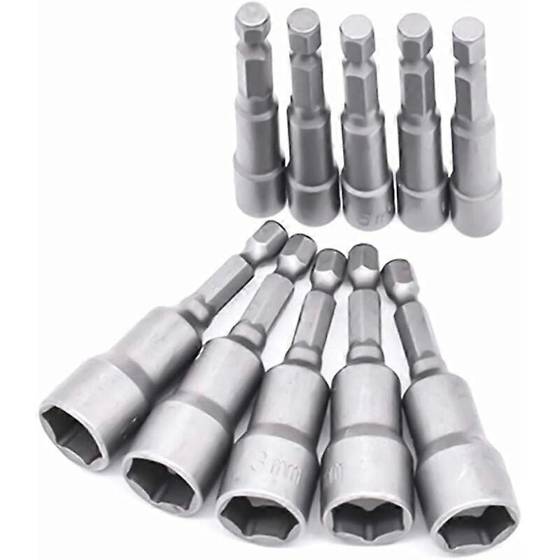 Screwdriver Socket Adapter 10 Pieces 6-19mm - Hexagonal - Chrome Vanadium Steel - For Nut Driver, Drill, Socket Wrench