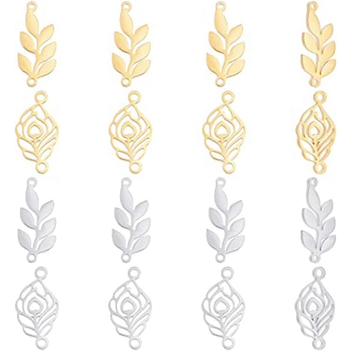 16Pcs 2 Style 2 Colors Stainless Steel Manual Polishing Leaf Charms Links Hollow Feather Link Connector Leaf Link with Double-Hole Connector for Jewel