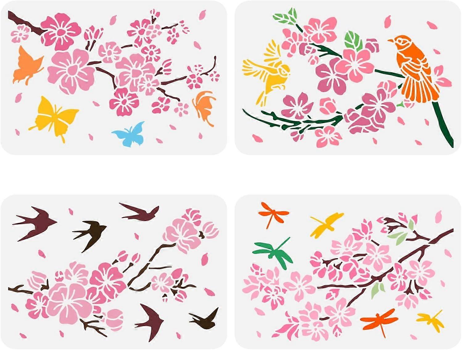 4 Pcs Cherry Blossoms Stencil 8.3x11.7inch Reusable Spring Flower Plants Stencil DIY Butterflies Dragonflies Bird Swallows Painting Template for Paint