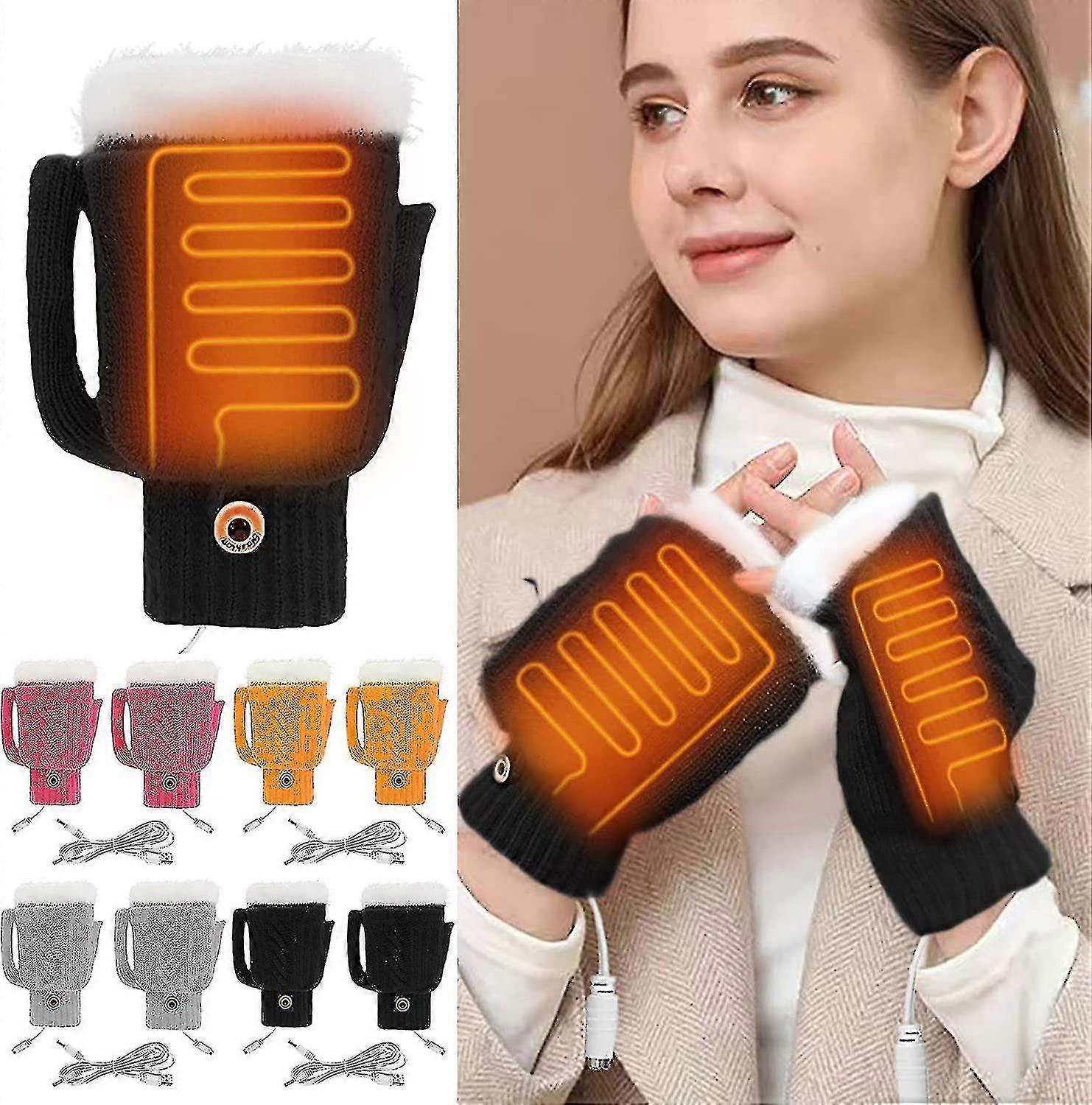 Women's & Men's Usb Heated Gloves Knitting Hands Full & Half Heated Fingerless Heating Warmer With Button Washable Design_as