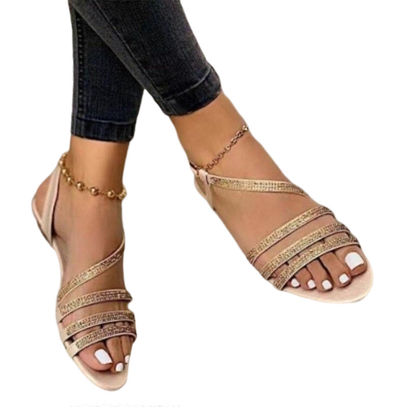Women Elastic Band Sandals Shinning Open Toe Flat Sandals Suitable for Going Beach Side Wear