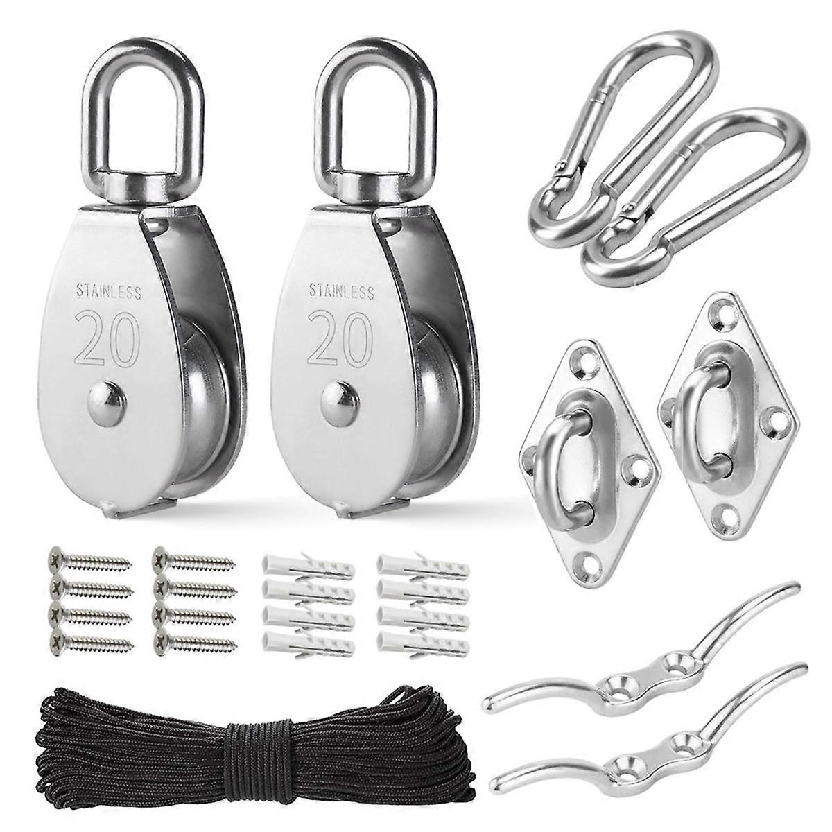 2 Pack M20 Sistem de scripeți din oțel inoxidabil Kit-Roată de scripete grea, bloc de scripeți cu frânghie din nailon