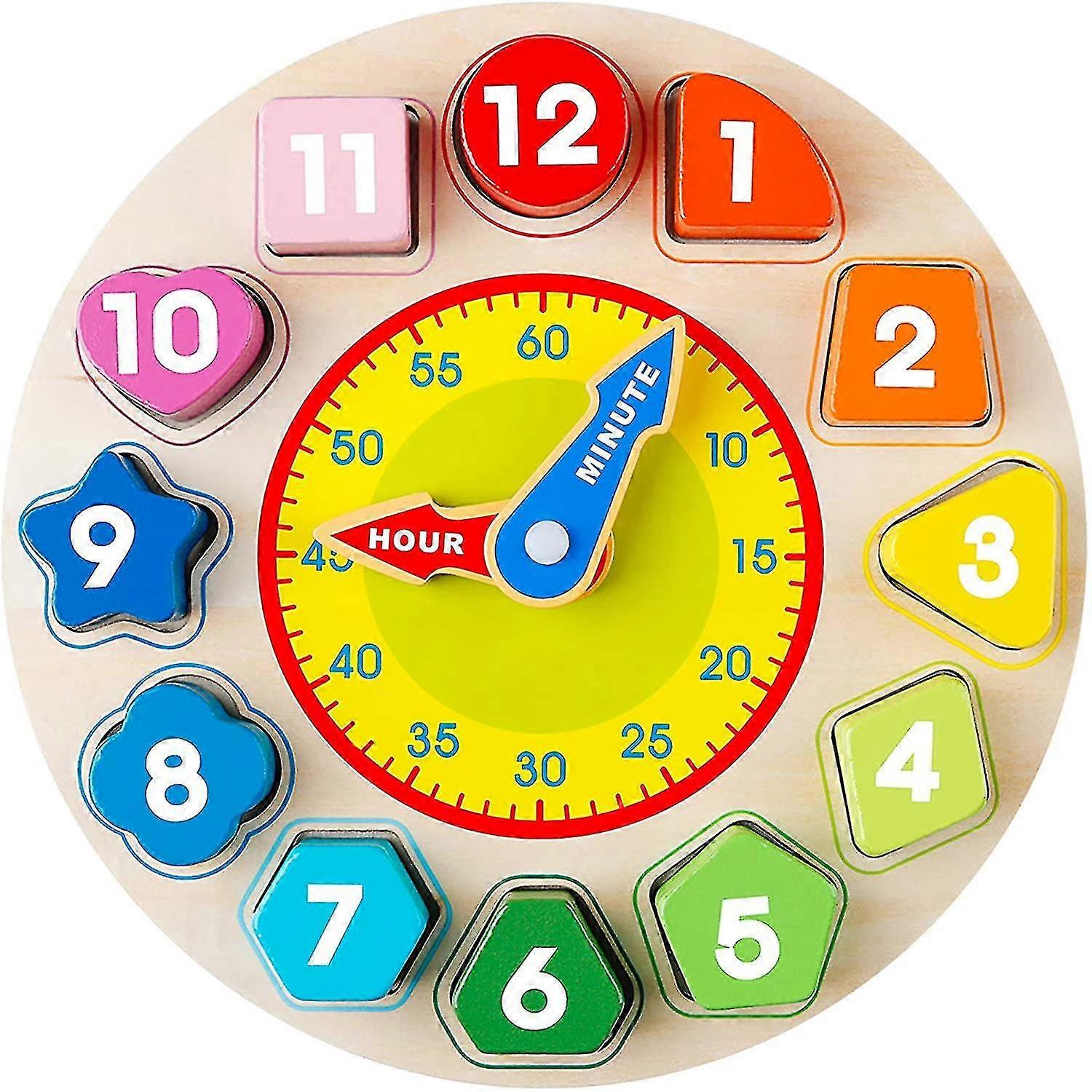 Wooden Shape Color Sorting Clock Teaching Time Number Blocks Puzzle -for 1 2 3 Year Old Toddler Baby Kids