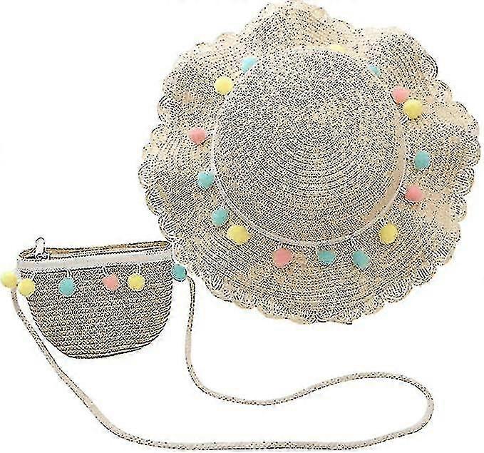 Ruffled Straw Hat Shoulder Bag Set With Coloured Wool Ball Decoration