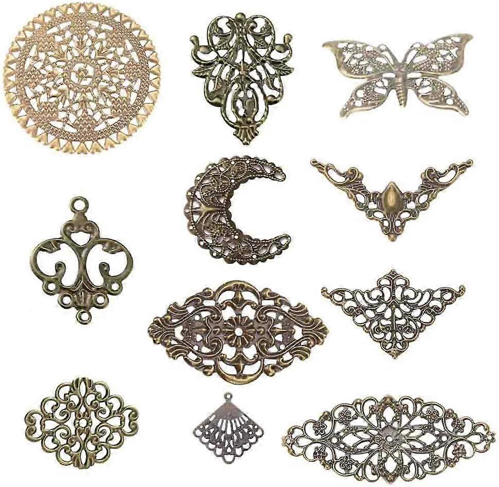 88Pcs 11 Styles Filigree Charms Antique Bronze Filigree Flower Connector Charms Filigree Connectors Hollow Links Chandelier Charm for Jewelry Making C