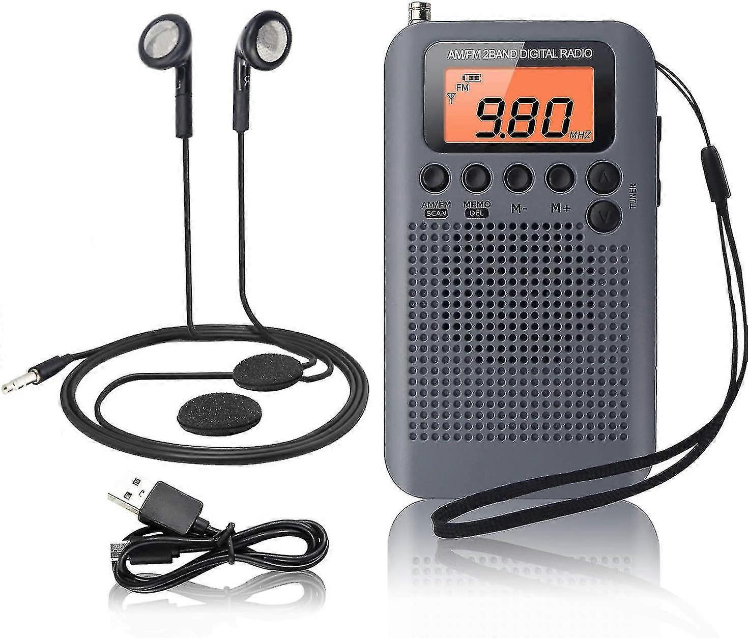 portable Radio Mini Pocket Radio With Speaker Fm/am Digital Stereo Dsp Receiver With Alarm Clock And Timer, Personal Radio With Headphones, Gray PXCL