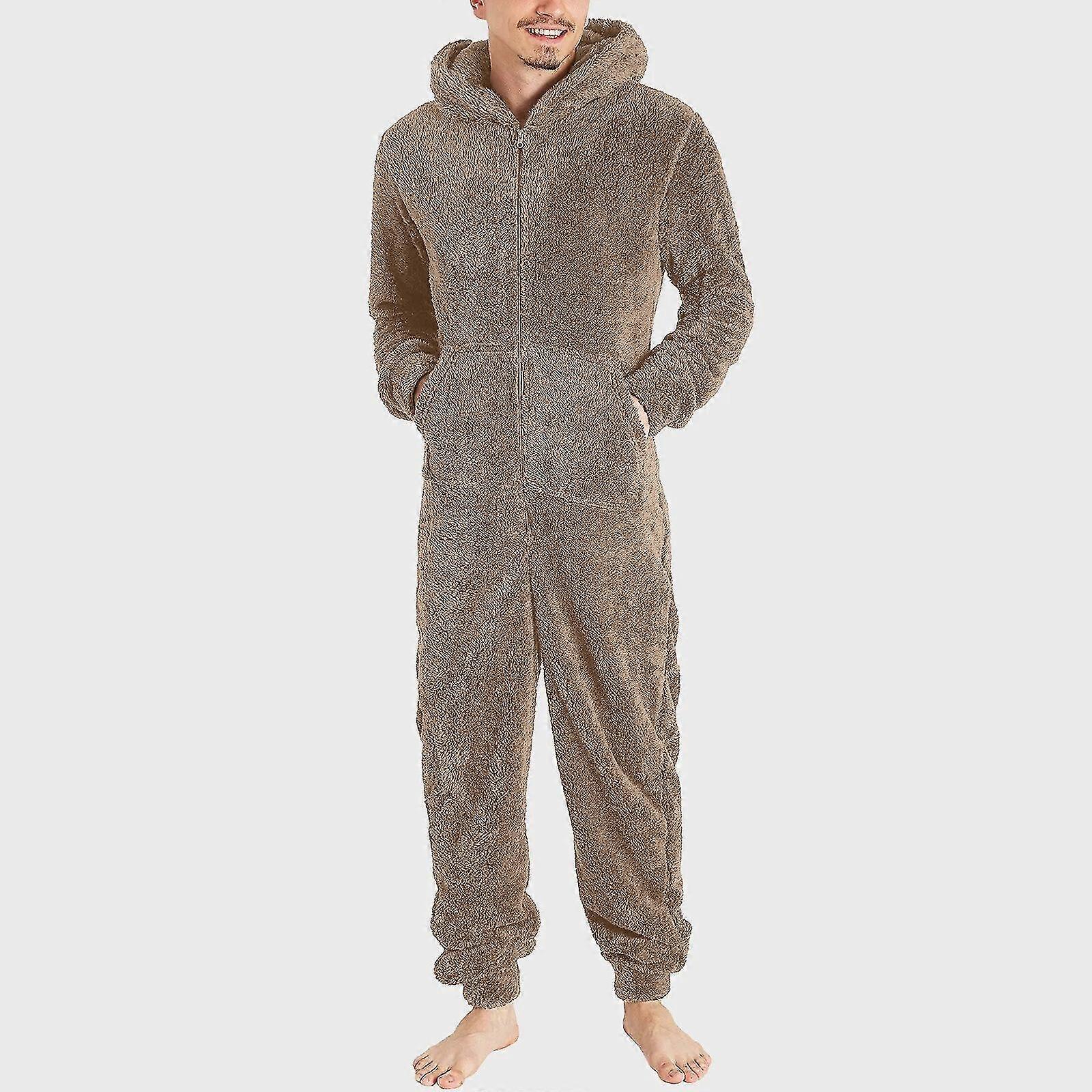Männer Kunstwolle Langarm-Pyjama lässig einfarbig Reißverschluss lockerer Kapuzen-Jumpsuit Pyjamas lässig Winter warm Rompe 1