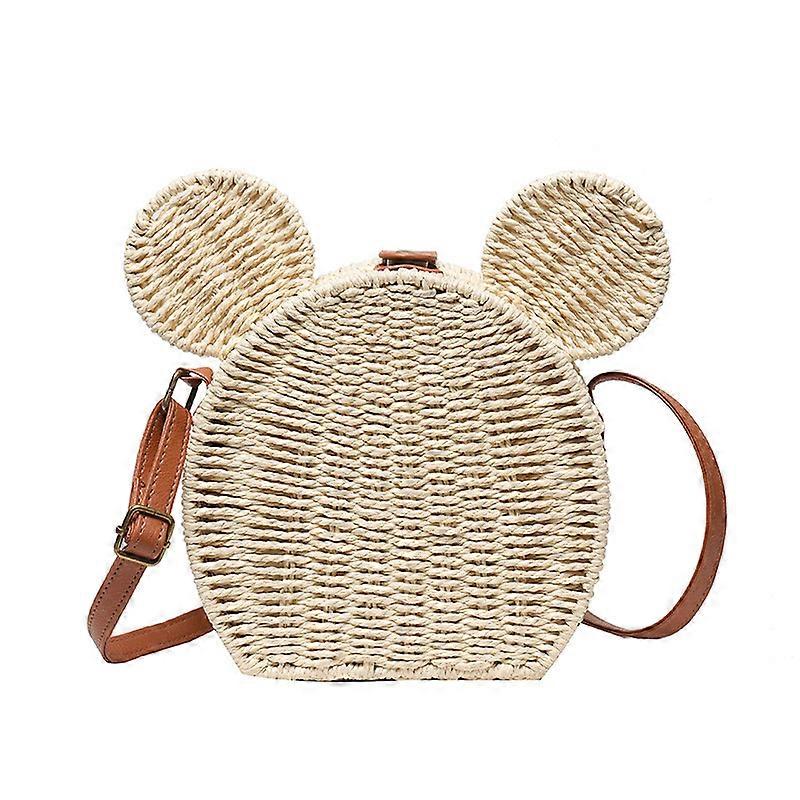 Disney Mickey Crossbody Bag For Women Summer New Rattan Woven Beach Vacation Portable Handbag Round Beach Mickeying Mouse Bag