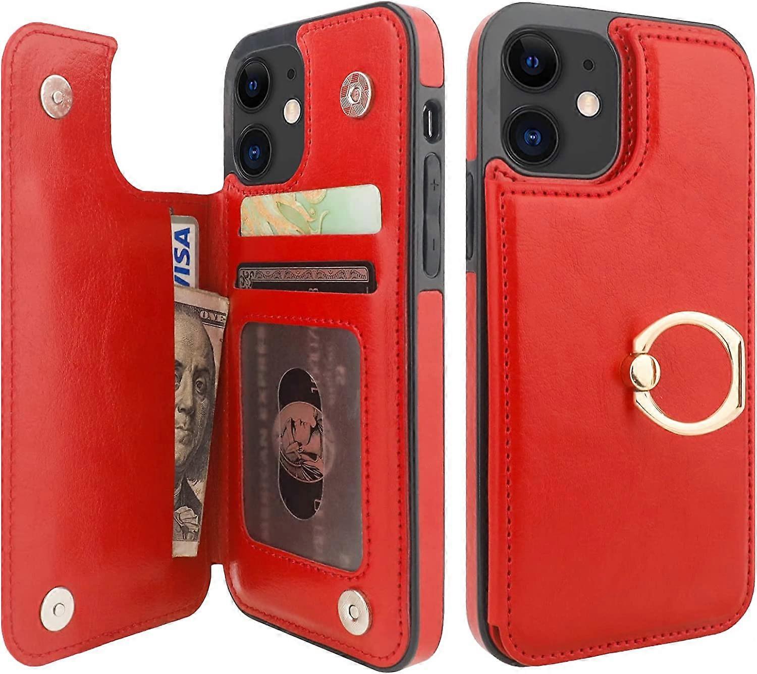 for iPhone 12/12 Pro Wallet Case with Card Holder, 360 Rotation Ring Kickstand RFID Blocking PU Leather Double Magnetic Clasp Shockproof Cover for Wom