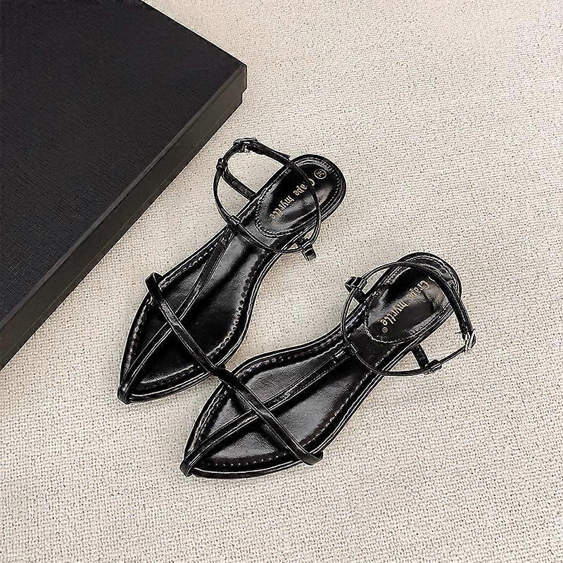 Women's Temperament Small Wedge Heel Pointed High Heels One-Character Thin Strap Shoes Open Toe Cross Buckle Sandals