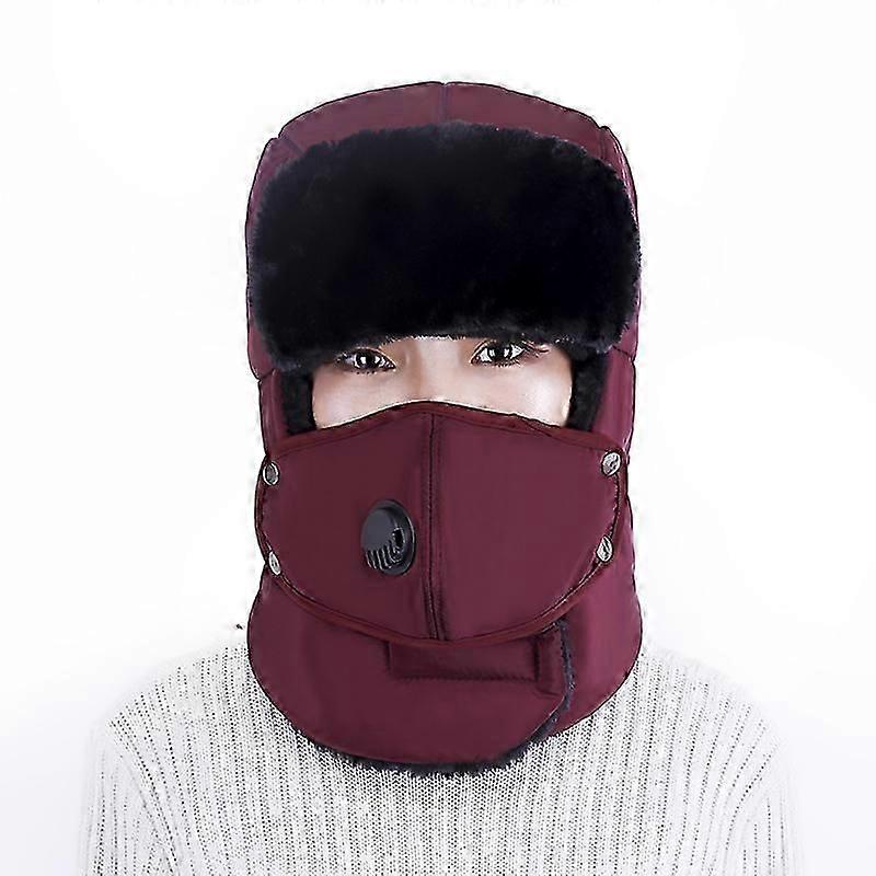 Men's winter windproof warm mask, exercise hiking ski pilot hat(Dark red)