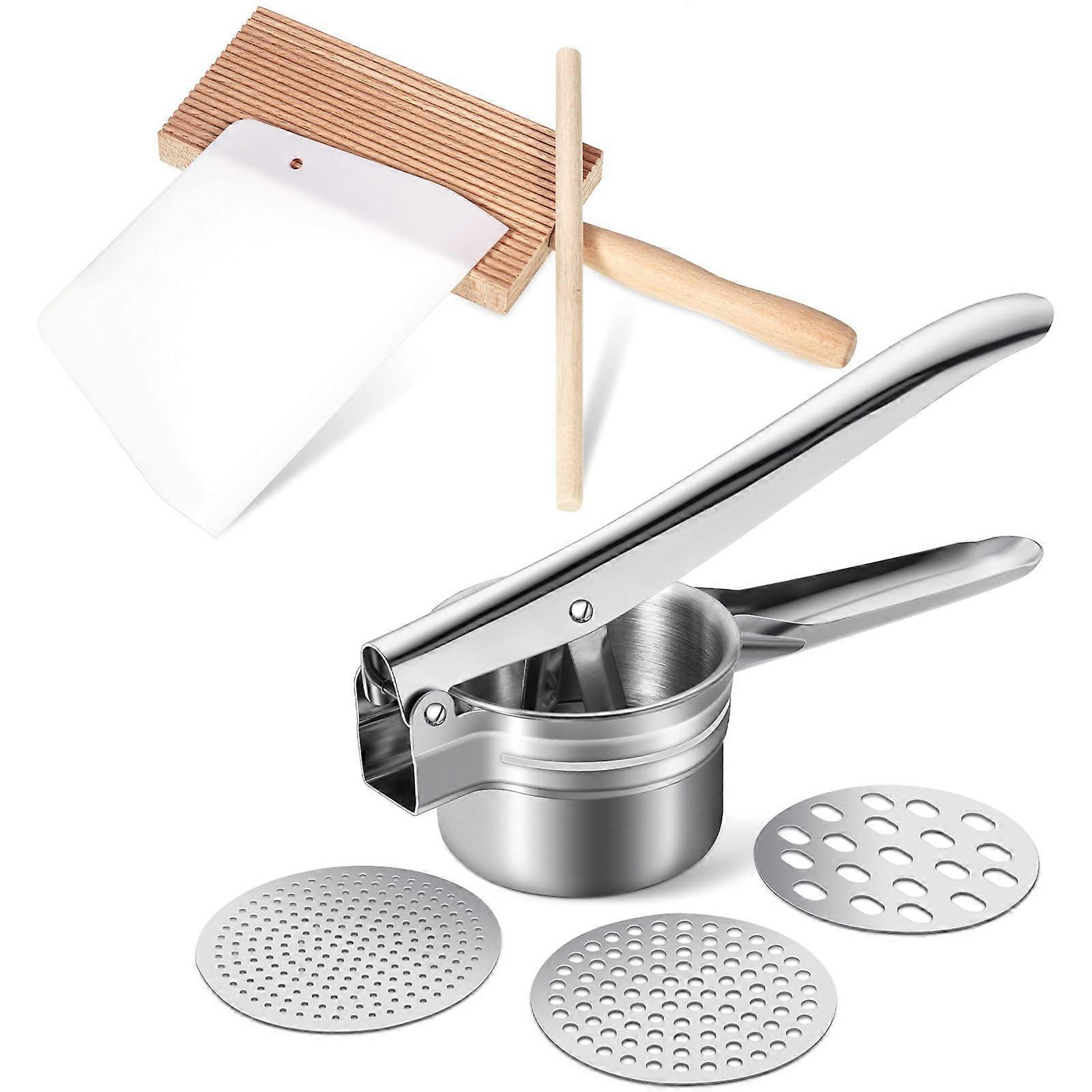 4-Piece Gnocchi Set: Trapezoidal Scraper, Wooden Pasta Board Paddle, Stainless Steel Potato Ricer with 3 Discs