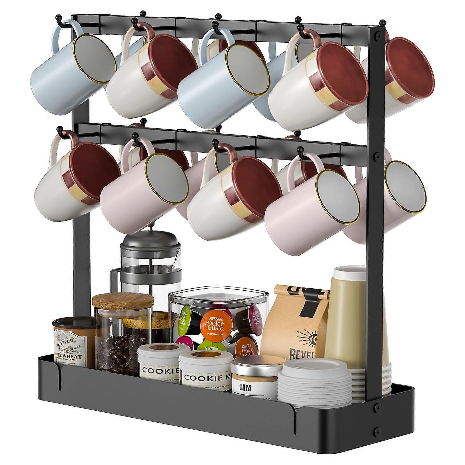 Aluminum Coffee Cup Holder Organizer with 16 Movable Hooks, 2 - Tier Mug Tree Stand Rack and Storage Basket for Coffee Bar