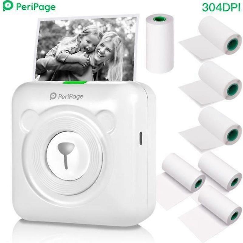 New Resolution - PeriPage A6 Mini Thermal Printer HD 304DPI BT AR Photo Function with 7 Rolls Thermal Paper White