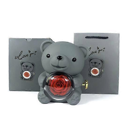 Preserved Rose Hug Bear Gift Box with Handbag Eternal Flower Rotating Bear Jewelry Holder for Women Valentine's Day Anniversary