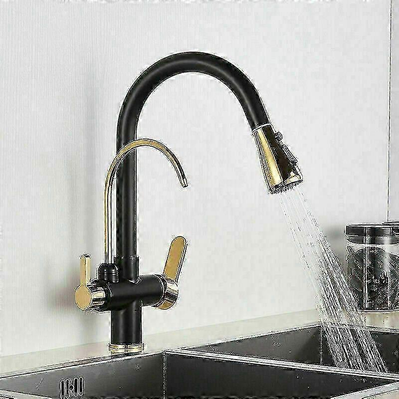 Black and Gold 3-Way Spray Kitchen Faucet - Kitchen Mixer Tap with Pure Water - 360 Rotating - Cold & Hot Available