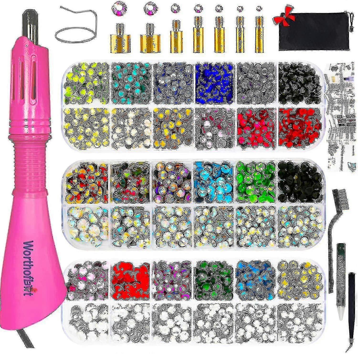 Rhinestone Setter, مجموعة أدوات قضيب, طقم أدوات العصا الثابتة الساخنة, 4080pcs, Ab Crystal, شفاف, 14 لونا, 7 نصائح, 4 أحجام الأحجار الكريمة, ملاقط, , جوهرة باي