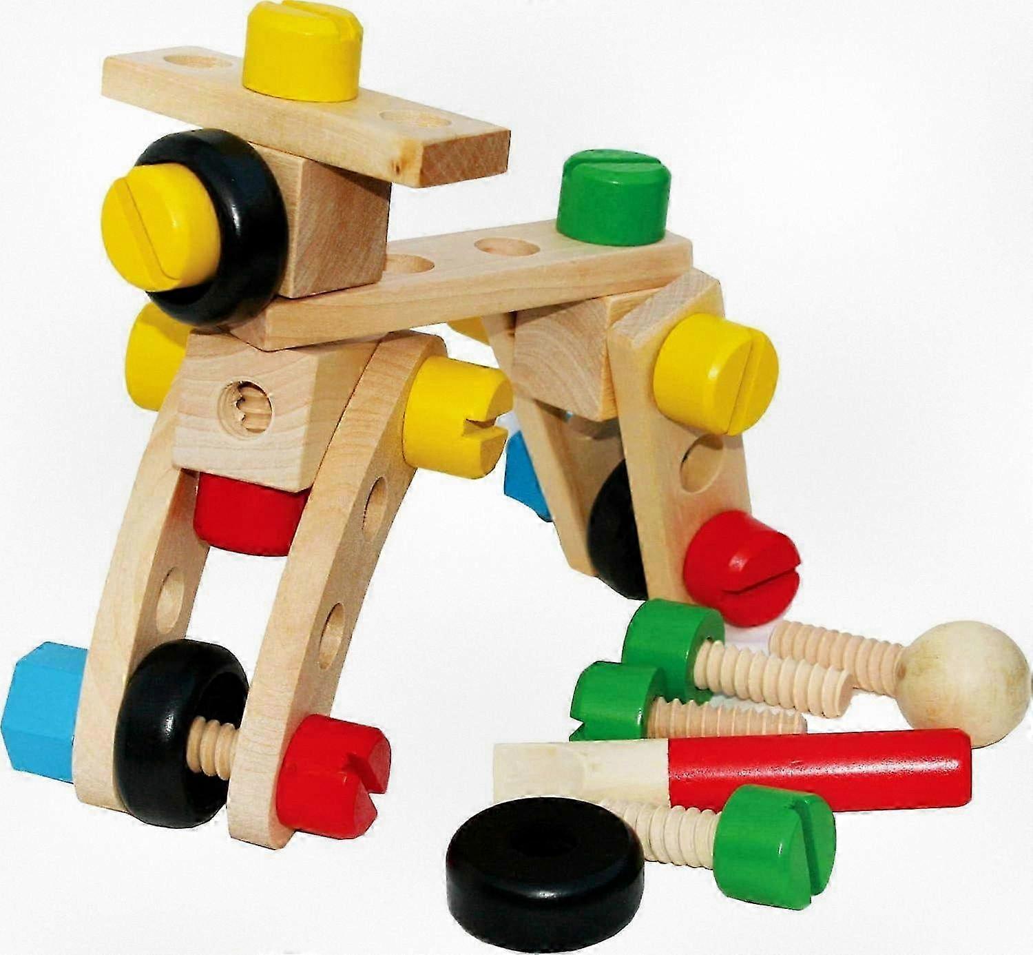 Wooden Construction Set with Nuts and Bolts - 31-Piece Building Blocks Kit for Kids, Travel-Friendly Educational Toy