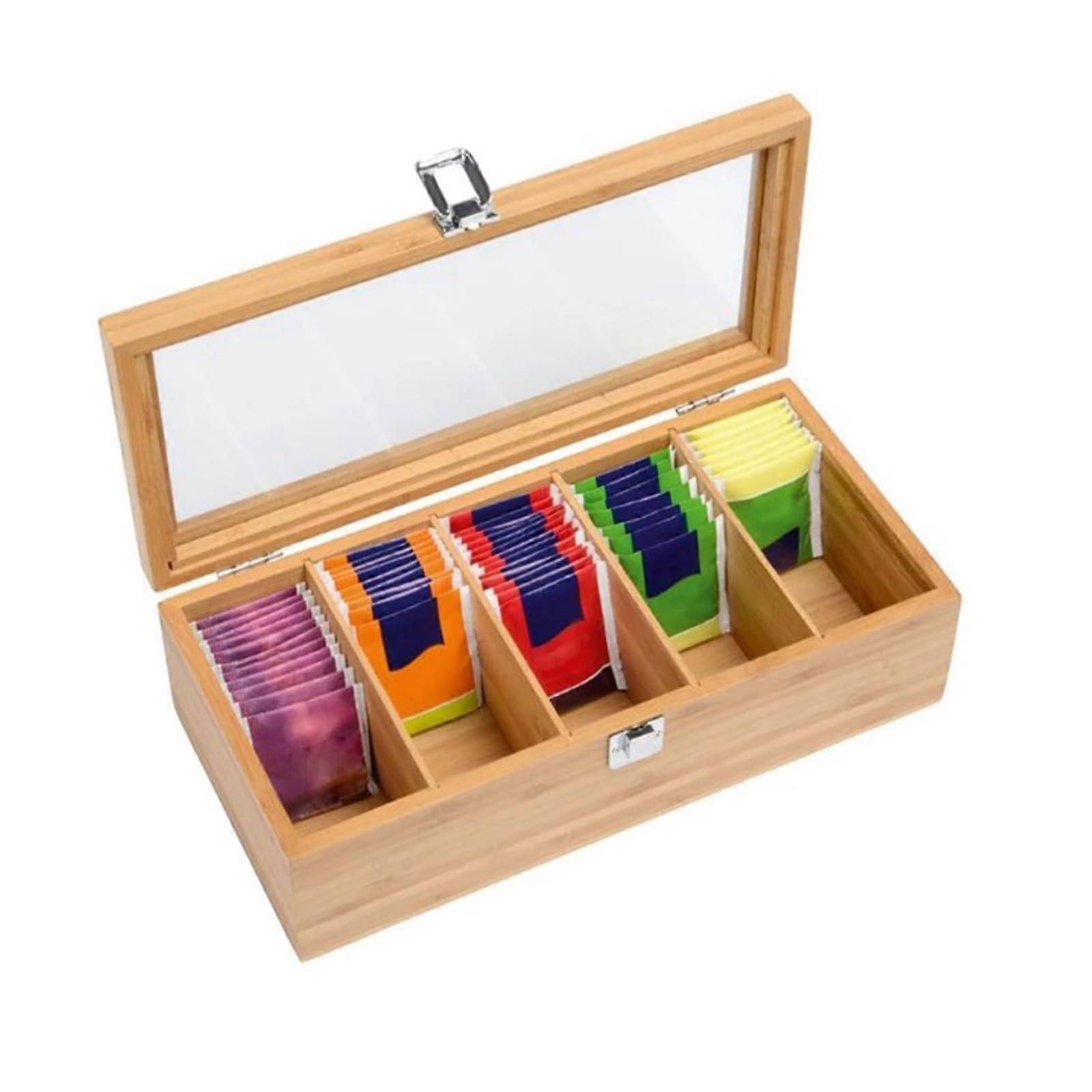 Bamboo Tea Box Organizer with 5 Removable Compartments, 11.8 x 3.9 x 2.5 Inch, Sealed Dry and Dustproof Storage Solution