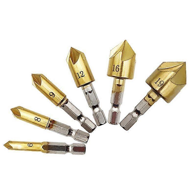 6-Piece 5-Sided Contour Drill Bit Set 6-19mm with HSS Hex Drive for Wood Quick Change 90 Degree Set