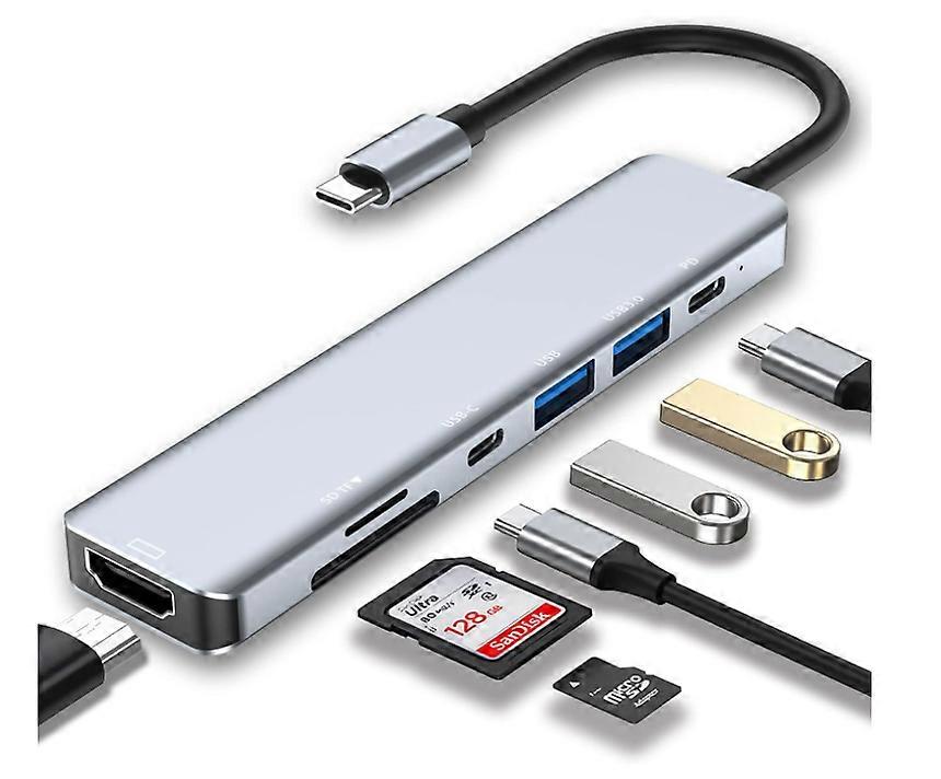 USB C Hub 7 in 1, USB C Adapter with 4K HDMI, Two USB-C Ports, USB 3.0, SD/TF Card Reader(Gray)