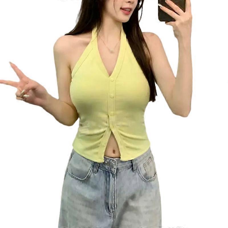 Summer Halterneck With Chest Pad Single-Breasted Top One Size Solid Color