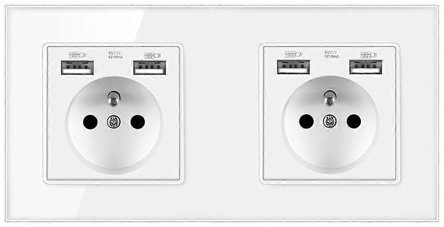 Eu Plug Wall Power 2-Socket 16A 250V + 4 USB Electrical Double Outlets White Glass Panel French Sockets