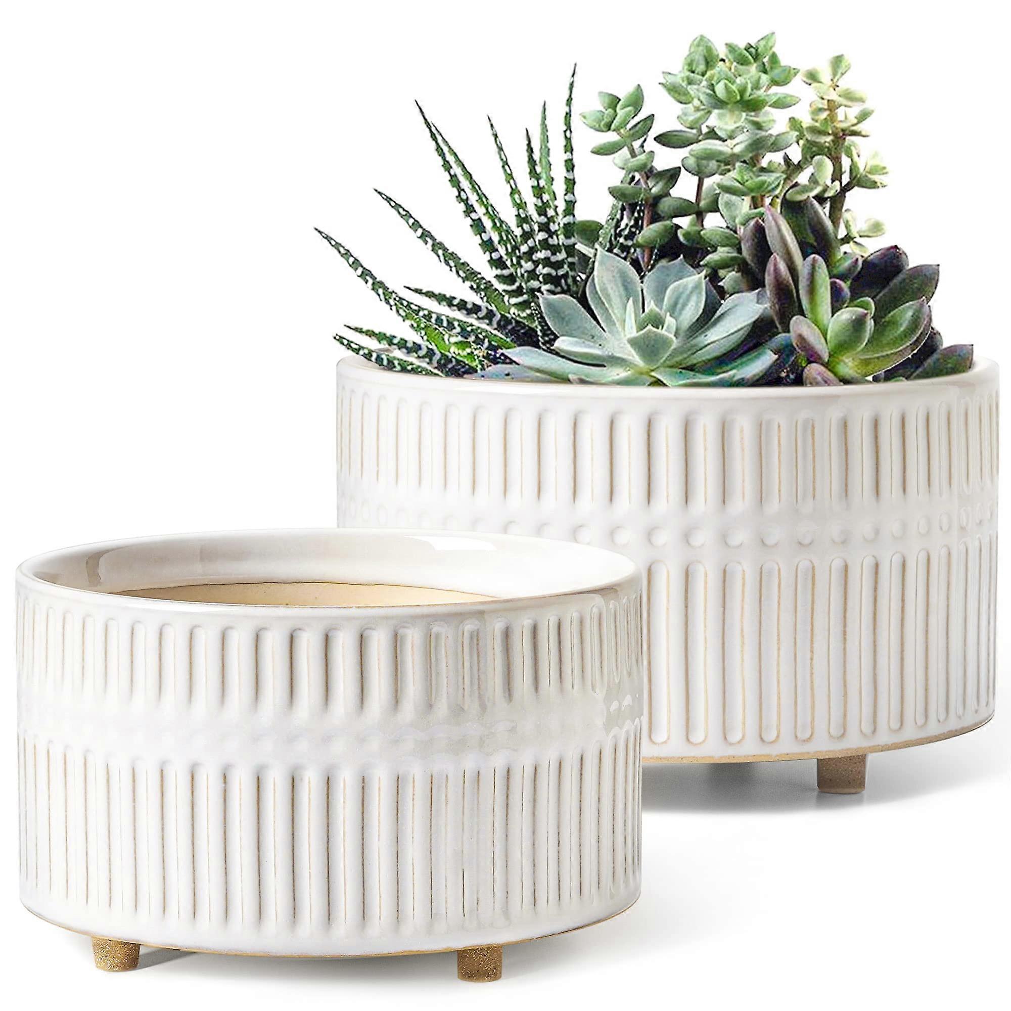 Succulent Planters Set of 2, 6.5 & 8 Inch Ceramic Indoor Pots with Drainage Holes, Shallow Round Reactive Glaze White