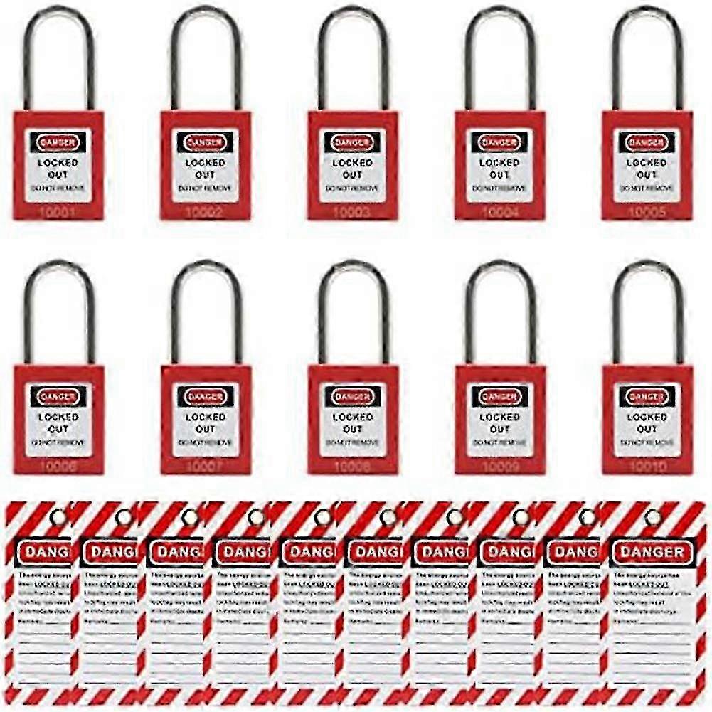 10 Red Lockout Tagout Locks with 10 Lock Out Tag Out Tags, Keyed Different, Compliant Safety Locks for Use with Various Brands (Red, Keyed D