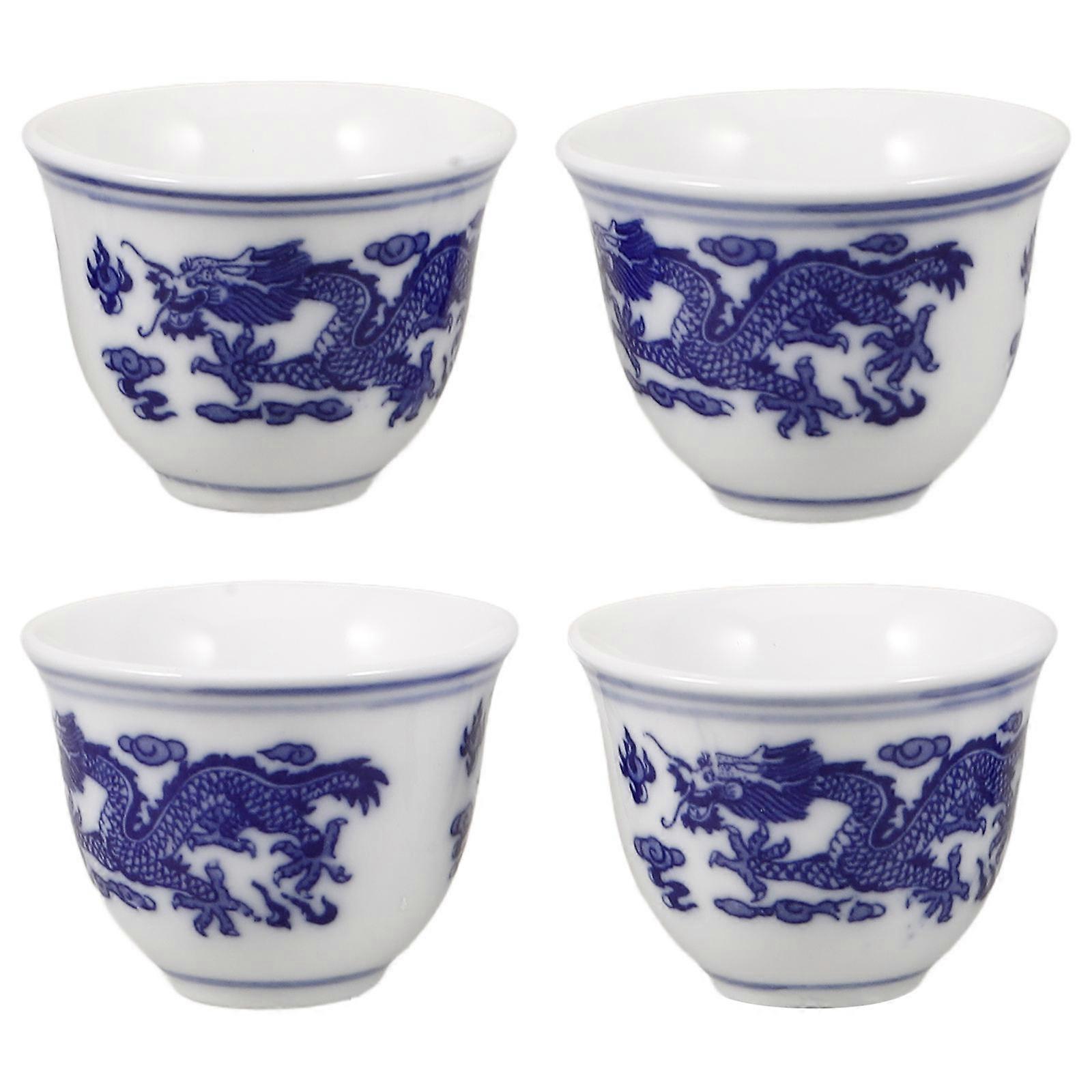 Chinese Tea Cup for Drinking 4Pcs Blue White Porcelain Ceramic Cups