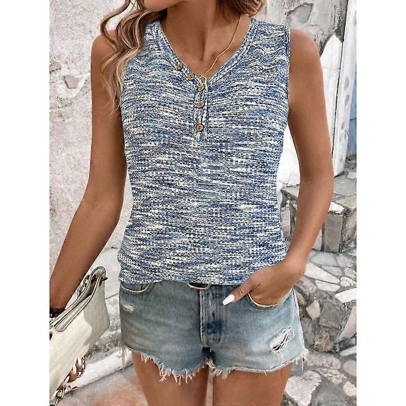 Ladies Summer New Waffle V-neck Sleeveless Vest Casual Button Up T-shirt