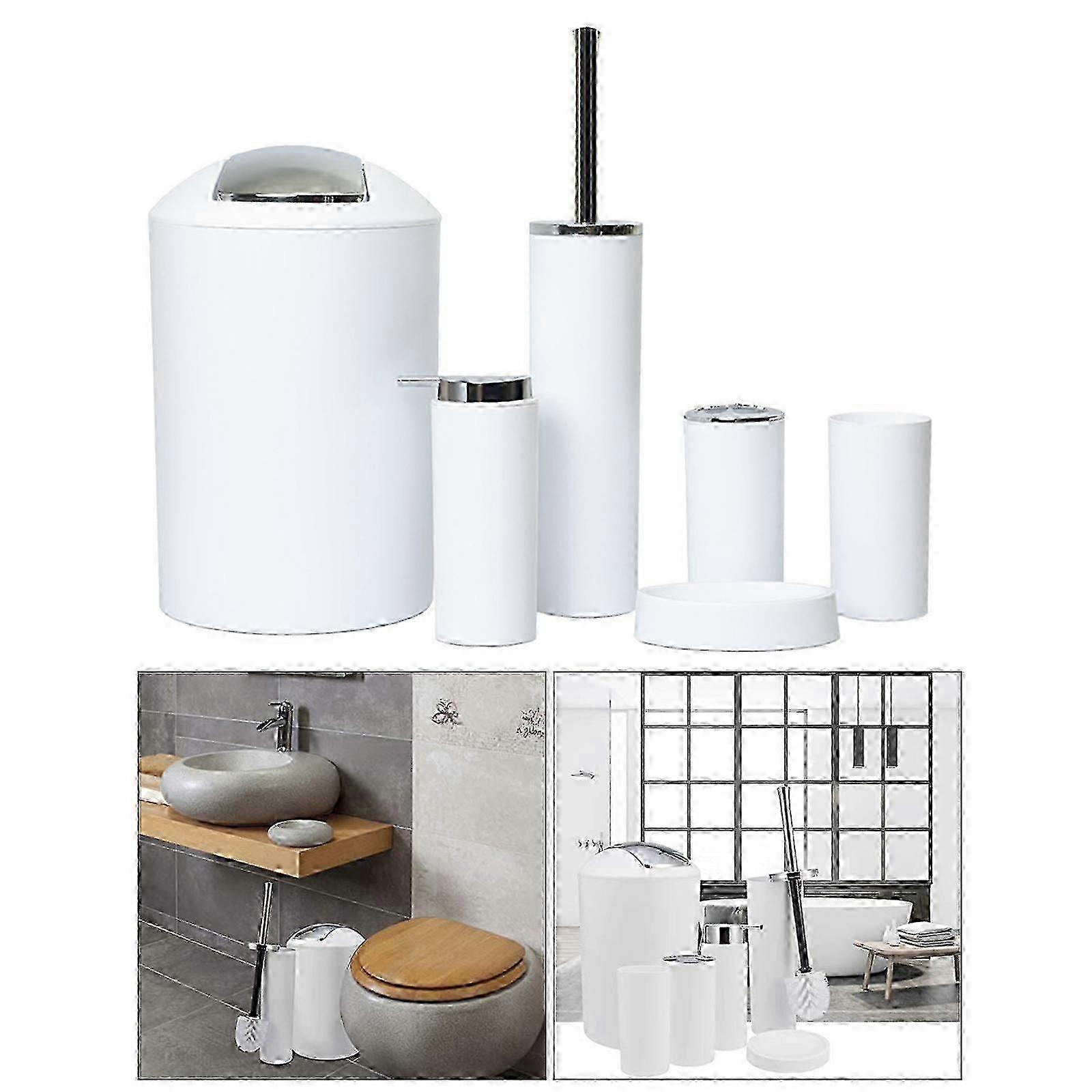 6PCSバスルームセット-タンブラー、歯ブラシホルダー、石鹸皿、ゴミ箱、トイレブラシ-ホワイト