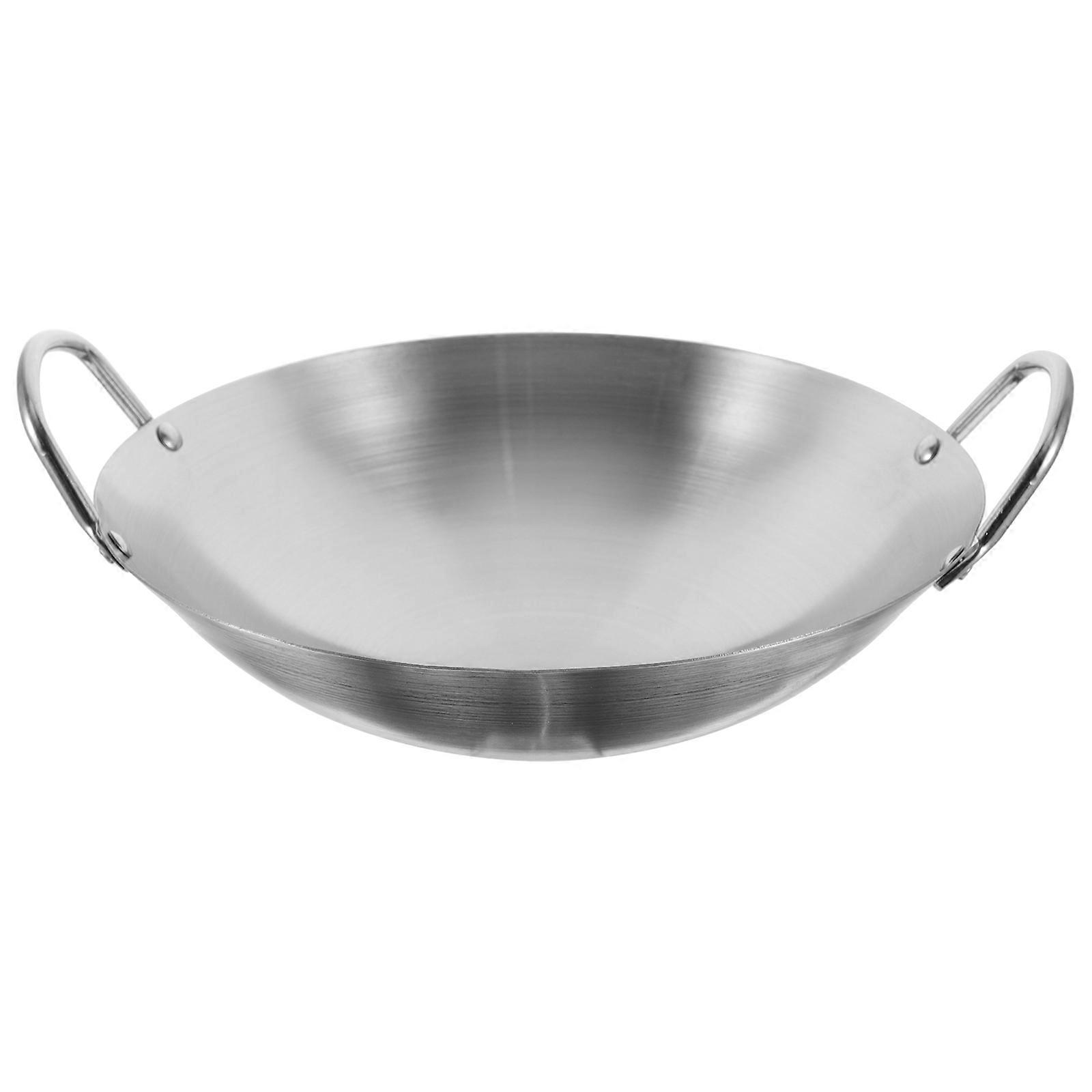Wok Pan Stainless Steel Wok Grilling Wok Griddle Stir Fry Pan Heavy Duty Wok Pan Round Bottom Chinese Wok With Double Handle (12.5 * 3.8inch)