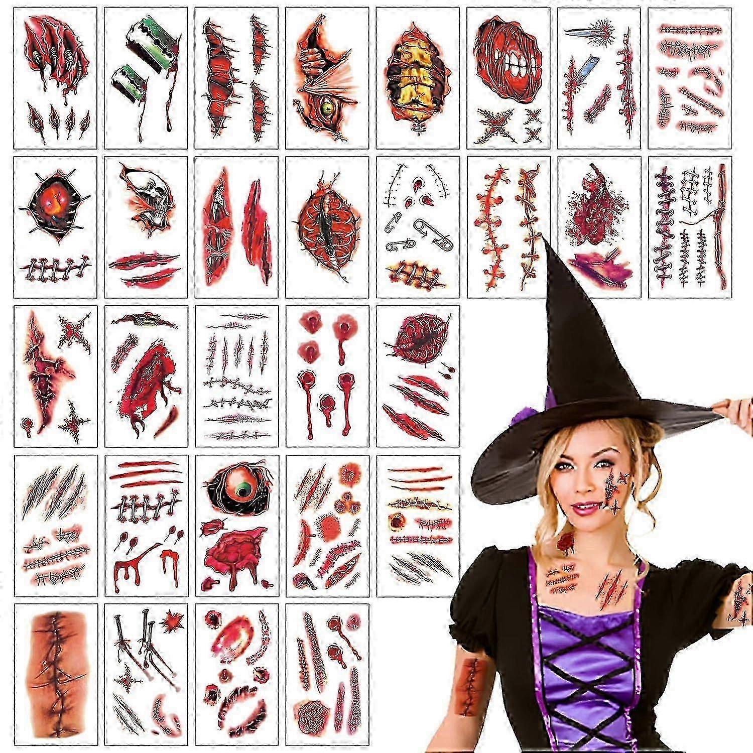 Halloween Zombie Makeup Stickers, Realistic Pattern Fake Prank Stitches Cuts Scars Wound Stickers, Vampire Bite Marks for Kids, Clown Bloody