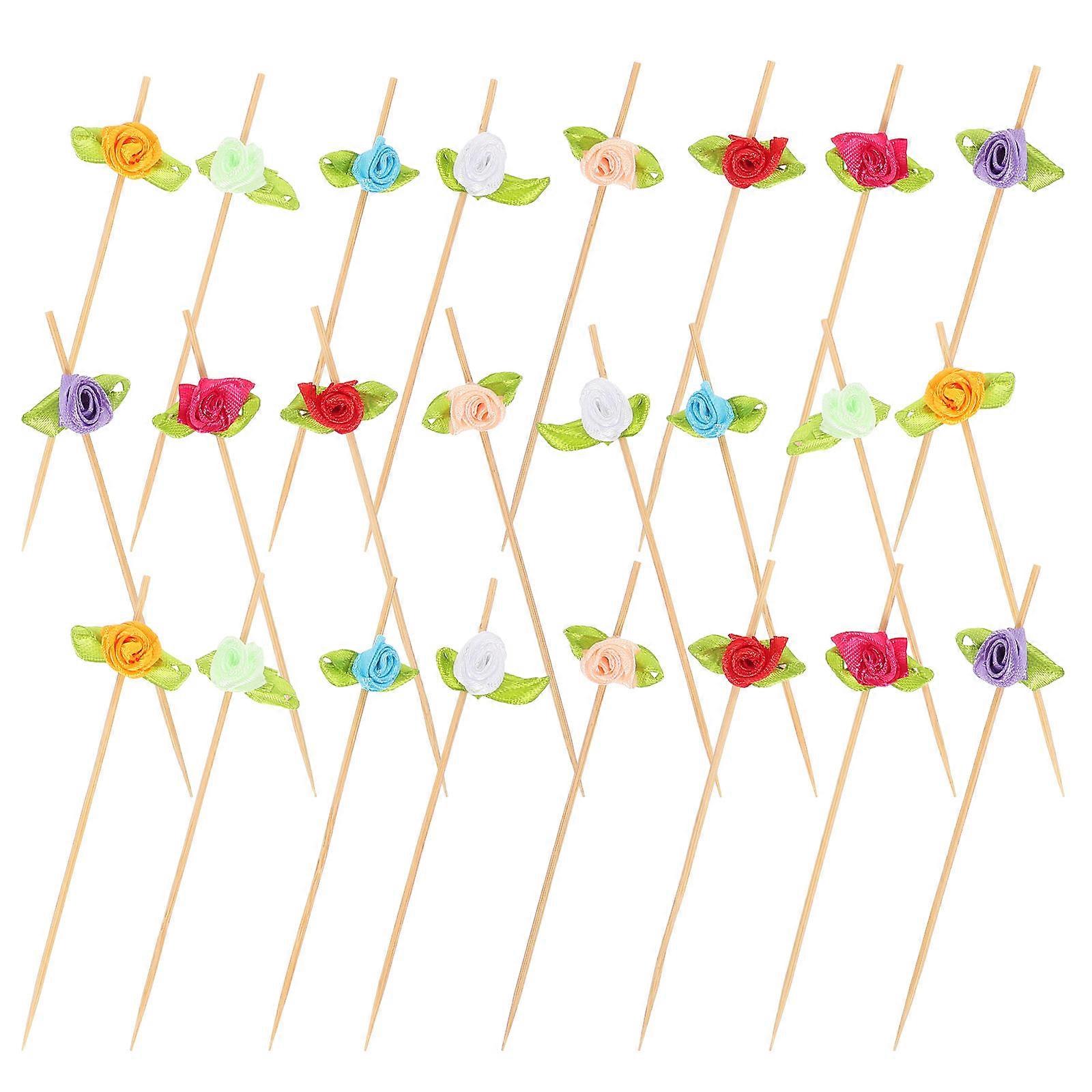 Rose Flower Fancy Toothpicks Bamboo Appetizer Skewers Fruits Decoration 100Pcs